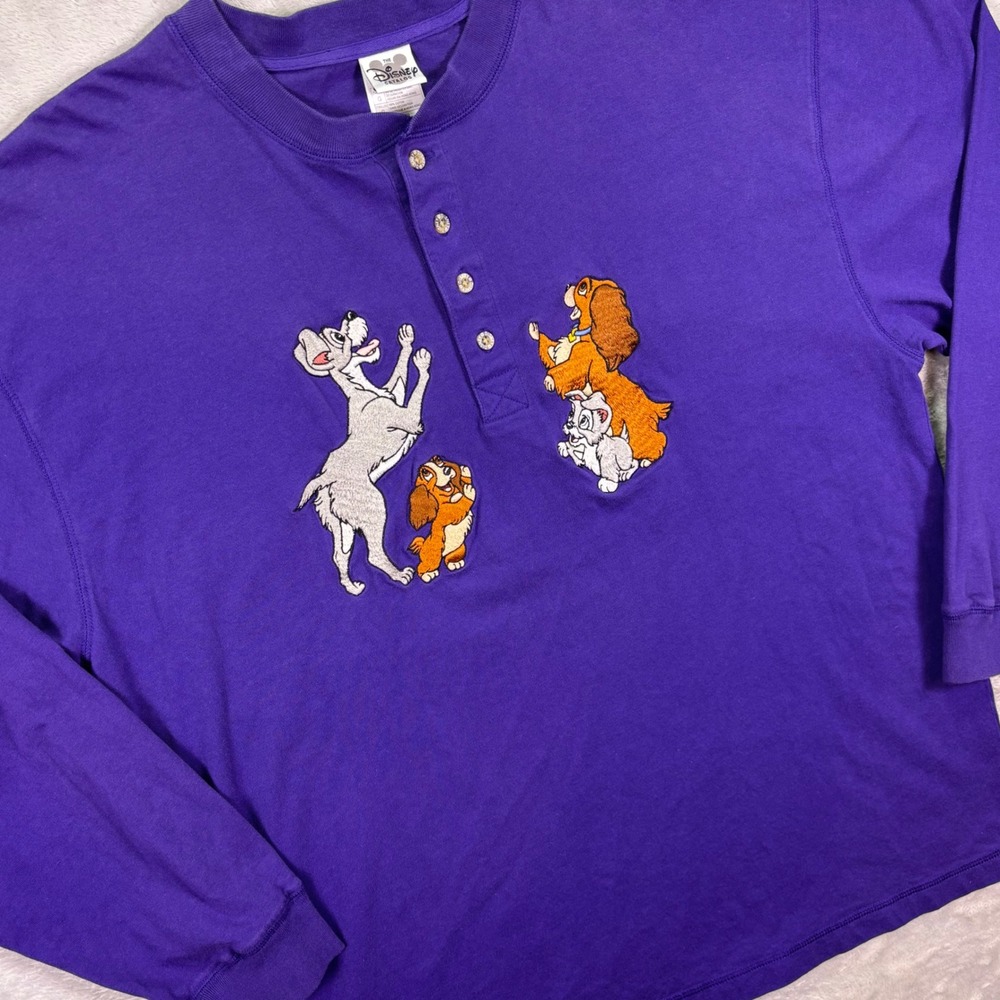 Vtg Disney Mens Henley Shirt L Purple Lady and the Tramp Embroidered Long Sleeve